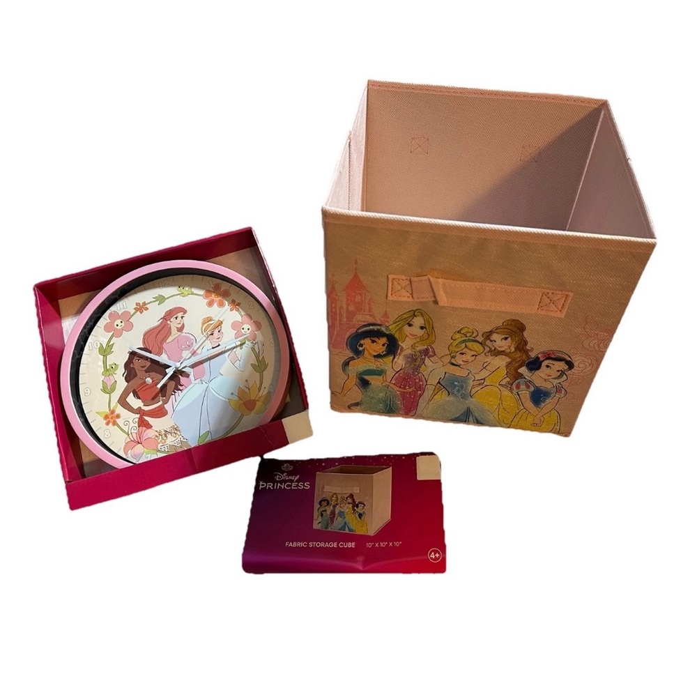 Disney Princess Wall Clock & Disney Princess Storage Cube  10”x10”x10”